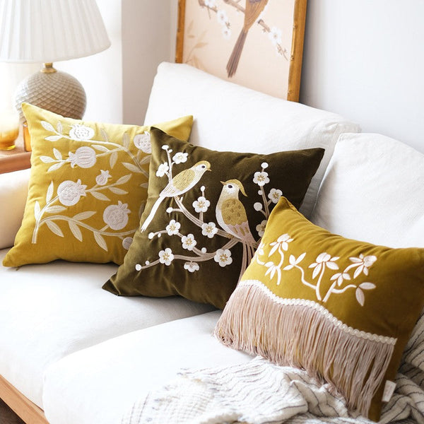 Embroidered birds cushion, Decorative Pillows for Couch, Vintage Decorative Pillows, Modern Throw Pillows for Bedroom, Decorative Pillow Arrangement Ideas for Couch-ArtWorkCrafts.com