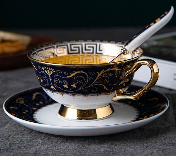 Porcelain Tea Cup Saucer Set, Unique Blue Tea Cup and Saucer in Gift Box, Royal Ceramic Cups, Elegant Ceramic Coffee Cups-ArtWorkCrafts.com