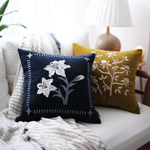Dark Blue Lily Embroidered Cushion, Living Room Decorative Pillows, Decorative Pillow Arrangement Ideas for Couch, Large Decorative Pillows for Couch, Modern Throw Pillows for Bedroom-ArtWorkCrafts.com