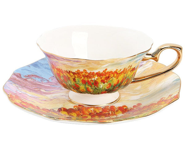Elegant Ceramic Coffee Cups, Flower Field Vintage Porcelain Tea Cup Saucer Set, Unique British Tea Cup and Saucer in Gift Box, Royal Ceramic Cups-ArtWorkCrafts.com