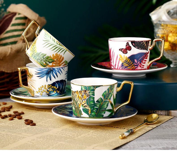 Elegant Porcelain Coffee Cups, Coffee Cups with Gold Trim and Gift Box, 7.4 oz Tea Cup and Saucer, Jungle Animal Porcelain Coffee Cups-ArtWorkCrafts.com
