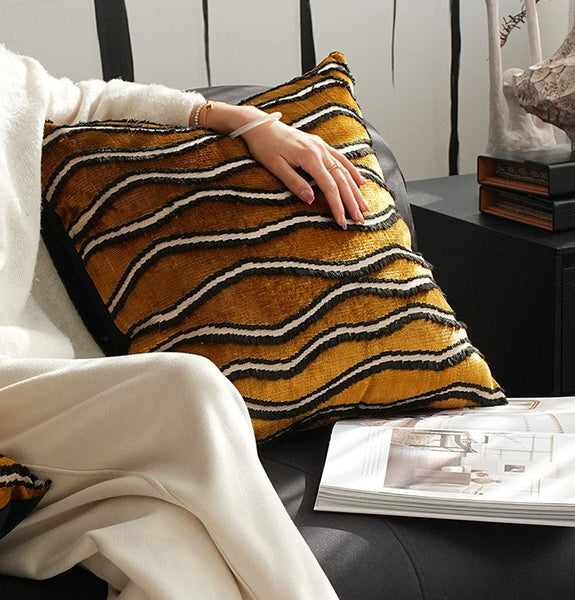 Golden Contemporary Pillows, Abstract Decorative Throw Pillows, Square Modern Throw Pillows for Couch, Large Simple Throw Pillow for Interior Design-ArtWorkCrafts.com