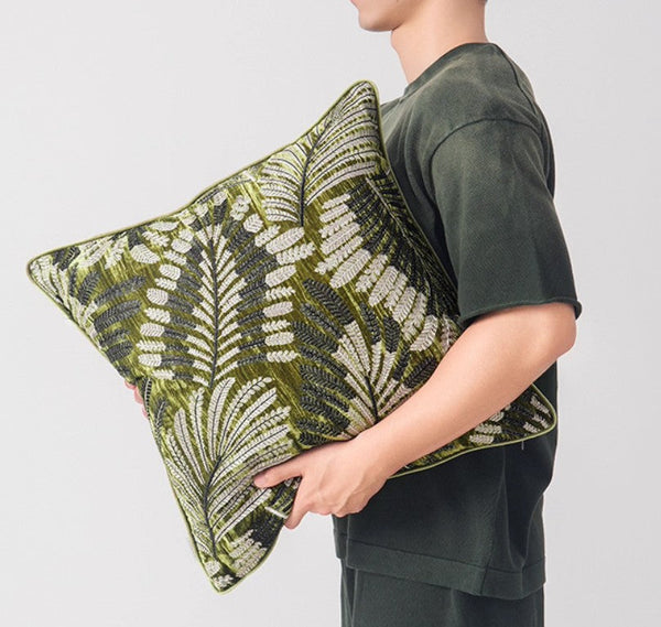 Large Throw Pillow for Interior Design, Embroidery Leaves Green Decorative Sofa Pillows, Luxury Decorative Throw Pillows for Couch, Large Square Modern Sofa Pillows-ArtWorkCrafts.com