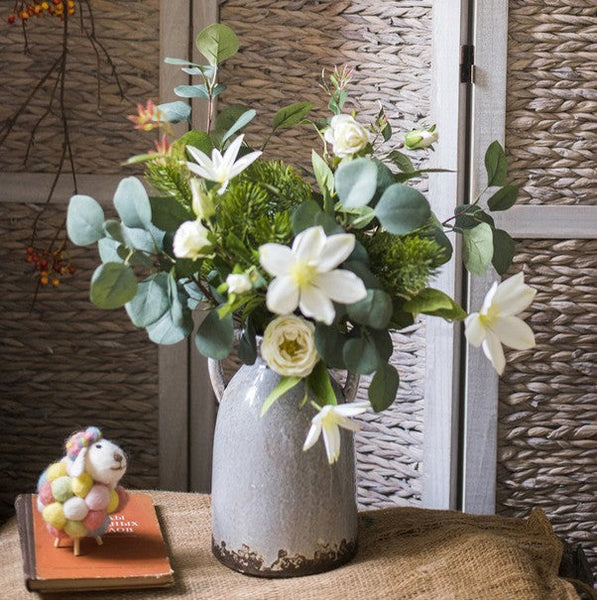 Eucalyptus Globulus, Clematis, White Rose Flowers, Unique Flower Arrangement for Home Decoration, Beautiful Modern Artificial Flowers for Dining Room Table-ArtWorkCrafts.com