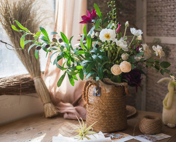 Clematis, Olive Branch, Sweet Alyssum, Corn poppy, Cranberry, Iceberg Rose Flowers, Unique Flower Arrangement for Home Decoration, Beautiful Artificial Flowers for Living Room-ArtWorkCrafts.com