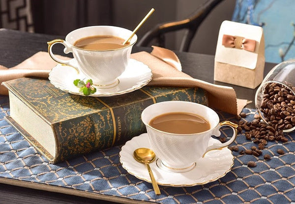 White Porcelain Tea Cup Saucer Set, 8 oz British Tea Cup and Saucer in Gift Box, Unique British Ceramic Coffee Cups for Traditional Afternoon Tea-ArtWorkCrafts.com