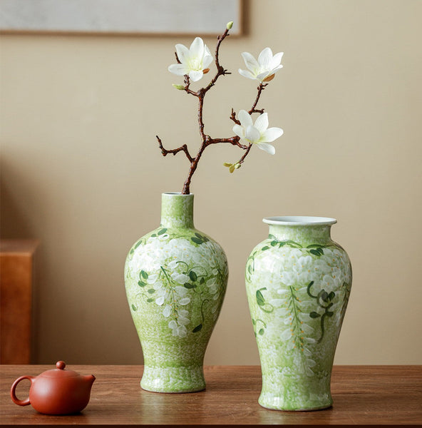 Centerpiece Ceramic Bud Vases, Large Flower Vases on Table, Green Porcelain Flower Vases, Handmade Water Holding Flower Vase-ArtWorkCrafts.com