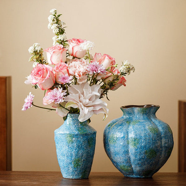 Pottery Flower Vases, Modern Bouquet Flower Vases, Centerpiece on Dining Table, Blue Flower Vase on Table, Handmade Water Holding Flower Vases-ArtWorkCrafts.com