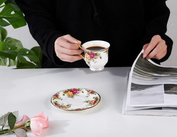 Beautiful British Flower Tea Cups, Unique Porcelain Cup and Saucer, Elegant Ceramic Coffee Cups, Creative Bone China Porcelain Tea Cup Set-ArtWorkCrafts.com