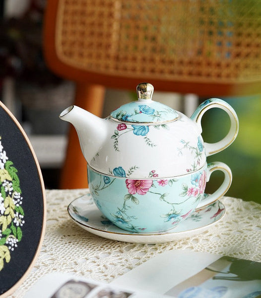 Porcelain Teapot with Matching Cup and Saucer in Gift Box, Stackable Teapot and Cup Set, Ceramic Tea Pot with Integrated Cup, Mother and Baby Teapot with Matching Saucer-ArtWorkCrafts.com
