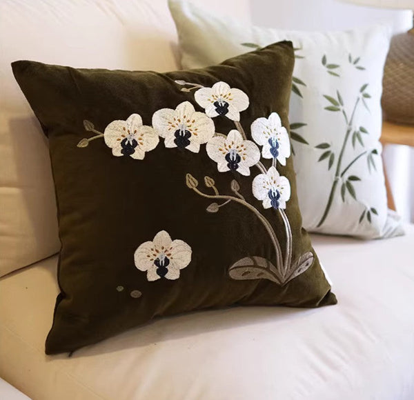 Large Decorative Pillows for Couch, Dark Olive Green Embroidered Moth Orchid Cushion, Decorative Pillow Arrangement Ideas for Couch, Living Room Decorative Pillows, Modern Throw Pillows for Bedroom-ArtWorkCrafts.com