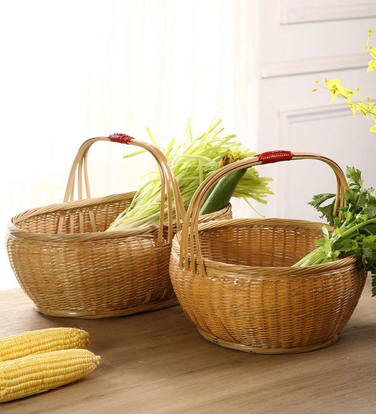 Natural Hand-woven Bamboo Basket, Extra Large Picnic Food Basket with Handle, Lovely Bamboo Baskets for Vegetable, Natural Fruit Basket Kitchen Storage Baskets-ArtWorkCrafts.com