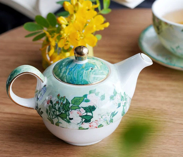 Vintage Style Stackable Tea Pot Set, English Style Tea Pot and Cup Set, Ceramic Tea Pot with Integrated Cup, Mother-and-Baby Teapot with Matching Saucer-ArtWorkCrafts.com