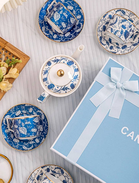 Ceramic Coffee Cup with Saucer in Gift Box, 8 oz Blue Porcelain Tea Cup and Saucer Set of 4 cups, British Traditional Afternoon Tea Cup Set with Teapot-ArtWorkCrafts.com