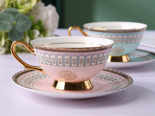 Royal Blue and Pink Bone China Porcelain Tea Cup Set, Tea Cups and Saucers in Gift Box, Elegant Ceramic Coffee Cups, Beautiful British Tea Cups-ArtWorkCrafts.com