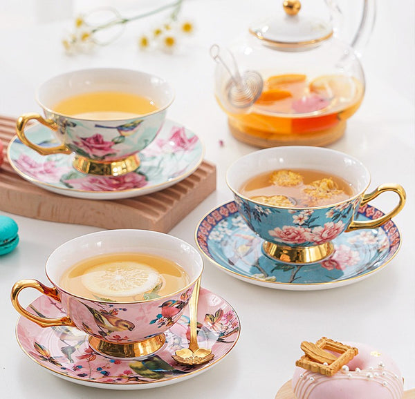 Unique Afternoon Tea Cups and Saucers in Gift Box, Royal Bone China Porcelain Tea Cup Set, Elegant Flower Pattern Ceramic Coffee Cups, Beautiful British Tea Cups-ArtWorkCrafts.com