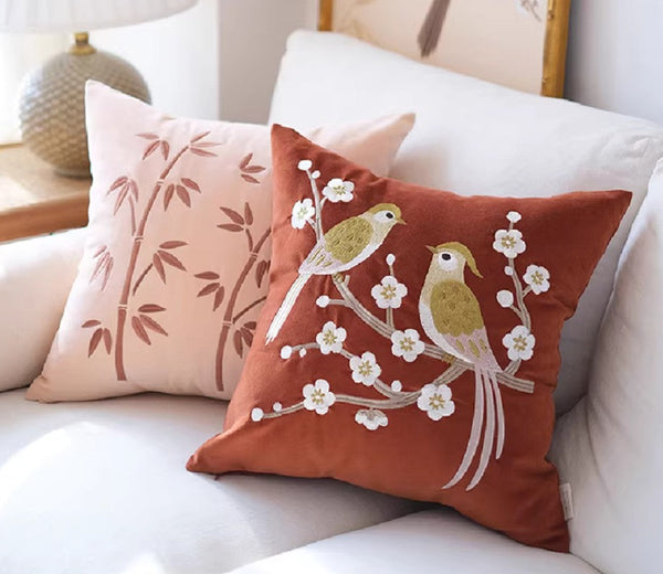 Modern Throw Pillows for Bedroom, Decorative Pillows for Couch, Vintage Decorative Pillows, Embroidered Birds Cushion, Decorative Pillow Arrangement Ideas for Couch-ArtWorkCrafts.com