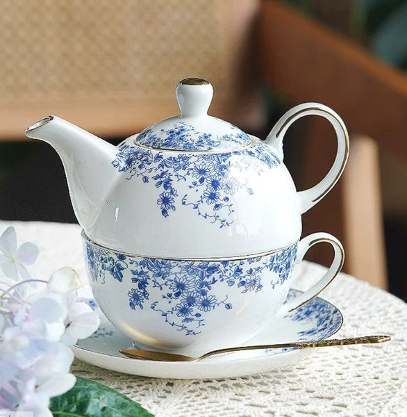 British Style Porcelain Teapot with Matching Cup and Saucer in Gift Box, Ceramic Tea Pot with Integrated Cup, Stackable Teapot and Cup Set, Mother-and-Baby Teapot with Matching Saucer-ArtWorkCrafts.com