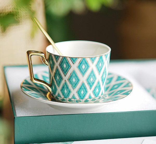 Afternoon Green British Tea Cups, Unique Ceramic Coffee Cups, Creative Porcelain Tea Cup Saucer Set, Traditional English Tea Cup and Saucer-ArtWorkCrafts.com