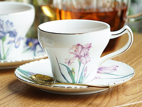 Iris Flower British Tea Cups, Beautiful Porcelain Tea Cup Saucer Set, Traditional English Tea Cup and Saucer, Unique Ceramic Coffee Cups in Gift Box-ArtWorkCrafts.com