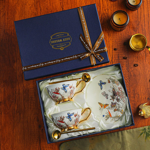 Ceramic Coffee Cups in Gift Box, Butterfly Pattern Porcelain Tea Cup and Saucer Set, British Traditional Afternoon Tea Cup and Saucer Set-ArtWorkCrafts.com