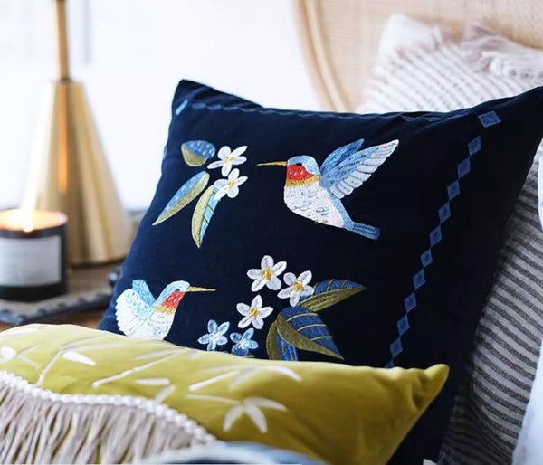 Large Modern Throw Pillows, Decorative Pillow Arrangement Ideas for Couch, Vintage Decorative Pillows, Embroidered Birds Cushion, Decorative Pillows for Couch-ArtWorkCrafts.com