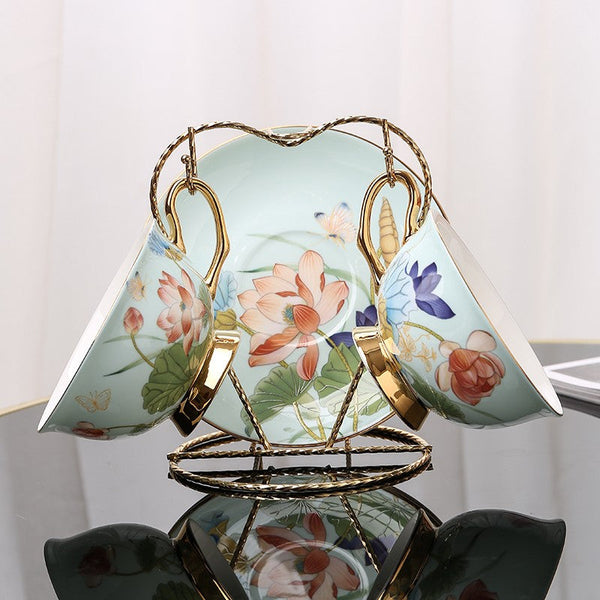 Unique British Tea Cup and Saucer in Gift Box, Lotus Flower Porcelain Tea Cup Saucer Set, Elegant British Ceramic Coffee Cups-ArtWorkCrafts.com