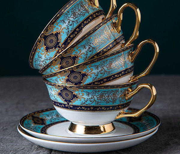 Unique Tea Cup and Saucer in Gift Box, Elegant British Ceramic Coffee Cups, Bone China Porcelain Tea Cup Set for Office-ArtWorkCrafts.com