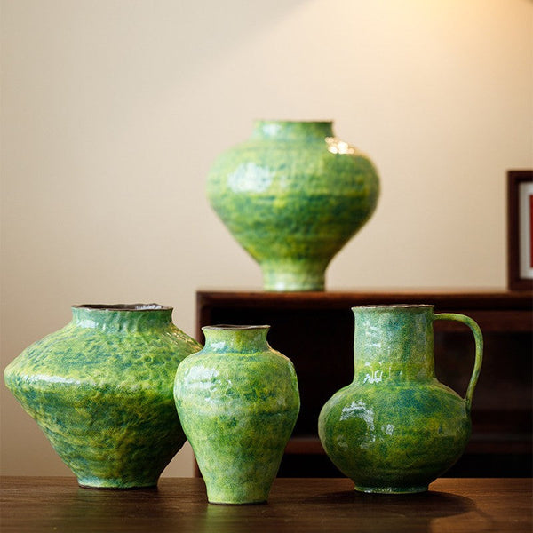 Modern Pottery Flower Vases, Handmade Water Holding Flower Vases, Pottery Bud Vases, Large Green Flower Vases on Table, Centerpiece on Dining Table-ArtWorkCrafts.com