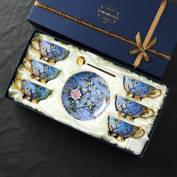 Blue Bird and Butterfly Porcelain Tea Cup Saucer Set, 7.4 oz British Tea Cup and Saucer in Gift Box, Elegant British Ceramic Coffee Cups-ArtWorkCrafts.com