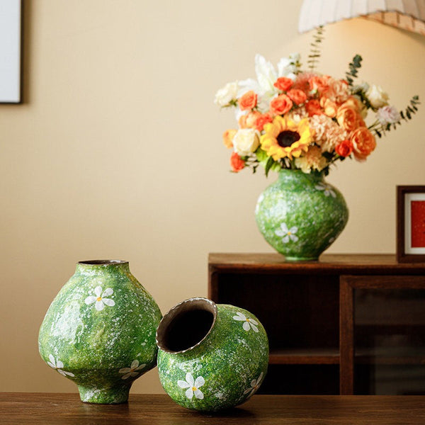 Modern Pottery Flower Vases, Centerpiece on Dining Table, Handmade Water Holding Flower Vases, Pottery Bud Vases, Large Green Flower Vases on Table-ArtWorkCrafts.com