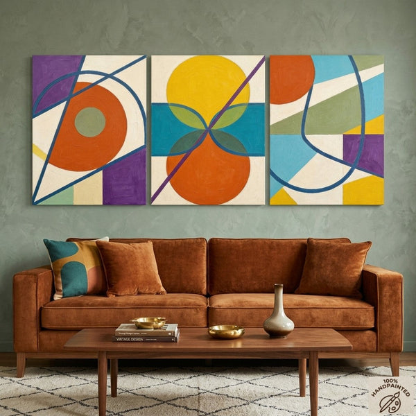Abstract Paintings for Mid Century Modern Living Room, Multi Panel Canvas Art, Geometric Pattern Contemporary Artwork