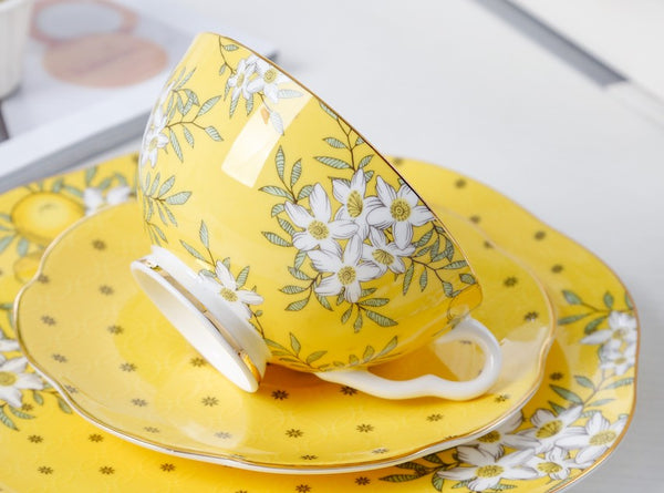 Creative Yellow Ceramic Coffee Cups, Unique Flower Coffee Cups and Saucers, Beautiful British Tea Cups, Creative Bone China Porcelain Tea Cup Set-ArtWorkCrafts.com