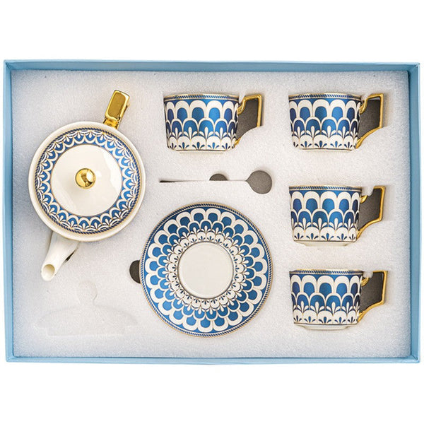 Porcelain Tea Cup and Saucer Set of 4 cups, Blue Tea Cup and Saucer Set with Teapot in Gift Box, 7.4 oz Modern Ceramic Coffee Cups for Office-ArtWorkCrafts.com