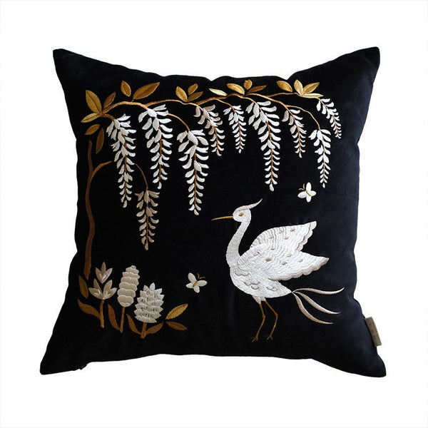 Decorative Pillow Arrangement Ideas for Bed, Embroidered Egret Cushion, Vintage Decorative Pillows, Luxury Decorative Pillows for Couch, Modern Throw Pillows for Couch-ArtWorkCrafts.com