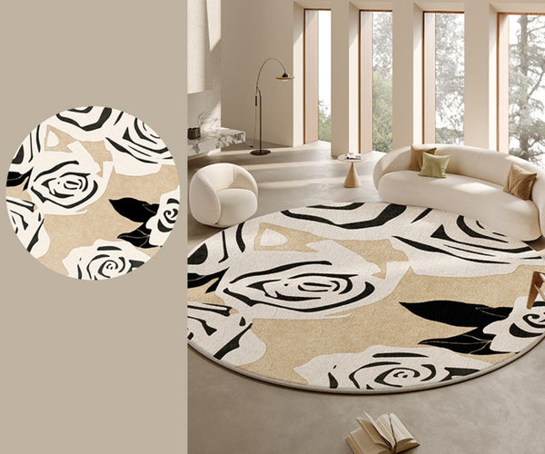 Abstract Contemporary Rugs for Bedroom, Modern Round Rugs under Coffee Table, Circular Rugs for Dining Table, Modern Cream Color Rugs for Living Room-ArtWorkCrafts.com