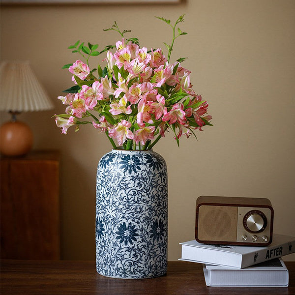 Centerpiece on Dining Table, Large Blue Flower Vase on Table, Vintage Bouquet Flower Vases, Handmade Porcelain Flower Vases Urn, Water Holding Flower Vases-ArtWorkCrafts.com
