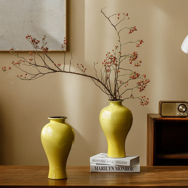 Porcelain Flower Vases, Handmade Water Holding Flower Vase, Yellow Flower Vases on Table, Ceramic Bud Vases-ArtWorkCrafts.com