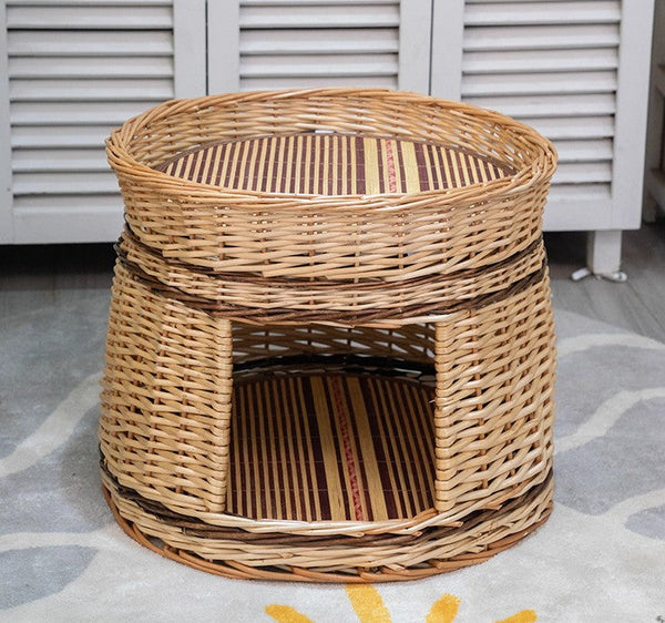 Large Double-Layer Cat Bed, Wicker Cat House Basket with Washable Cushion for Indoor Cats and Dogs-ArtWorkCrafts.com
