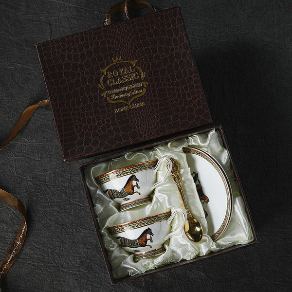 Elegant British Horse Pattern Coffee Cup with Saucer, 7.4 oz Ceramic Tea Cup and Saucer in Gift Box, Porcelain Tea Cup and Saucer Set-ArtWorkCrafts.com