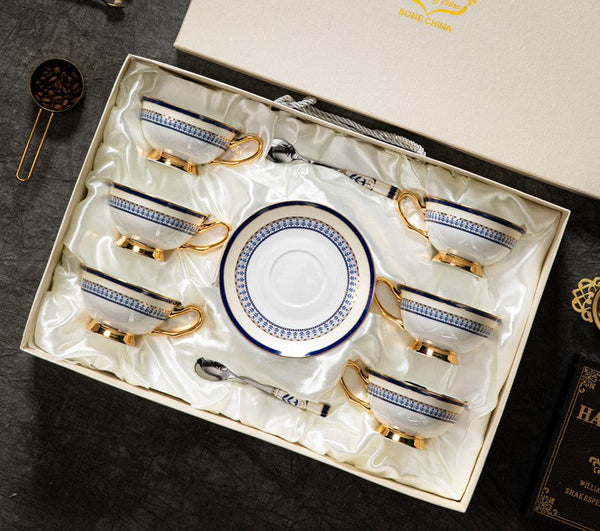 Blue Porcelain Tea Cup Saucer Set, Elegant British Ceramic Coffee Cups, Unique British Tea Cup and Saucer in Gift Box-ArtWorkCrafts.com