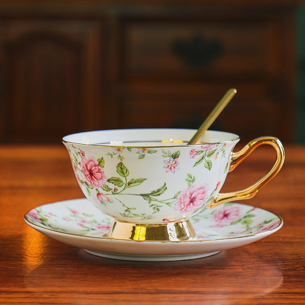 Floral Porcelain Tea Cup and Saucer Set, Ceramic Coffee Cup with Saucer, Traditional English Tea Cup and Saucer Set, Afternoon British Tea Cup with Saucer-ArtWorkCrafts.com