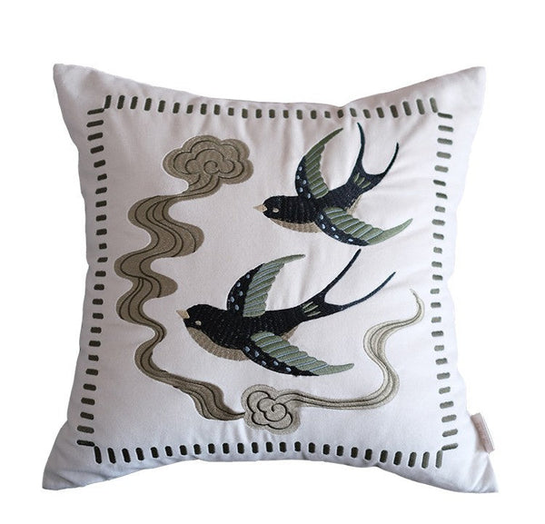 Luxury Decorative Pillows for Couch, Modern Throw Pillows for Couch, Vintage Decorative Pillows, Embroidered Swallow Birds Cushion, Decorative Pillow Arrangement Ideas for Bed-ArtWorkCrafts.com