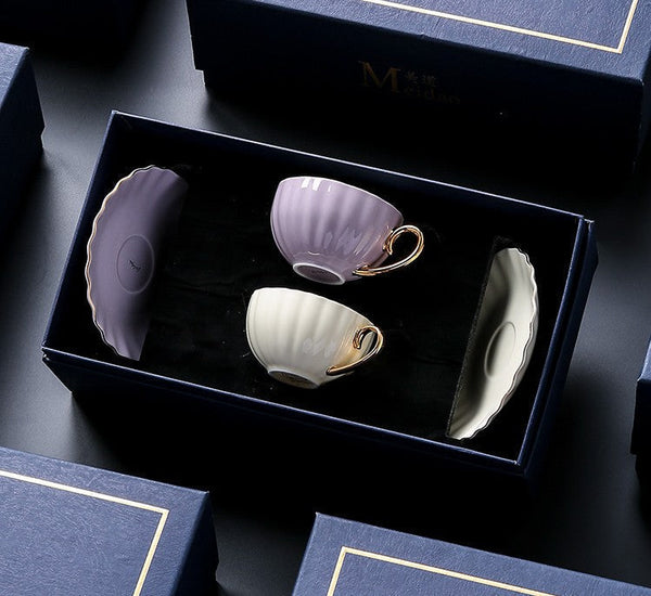 French Style Tea Cup and Saucer in Gift Box as Birthday Gift, Elegant Macaroon Ceramic Coffee Cups, Porcelain Tea Cup Saucer Set of 2 Cups, Beautiful British Tea Cups-ArtWorkCrafts.com