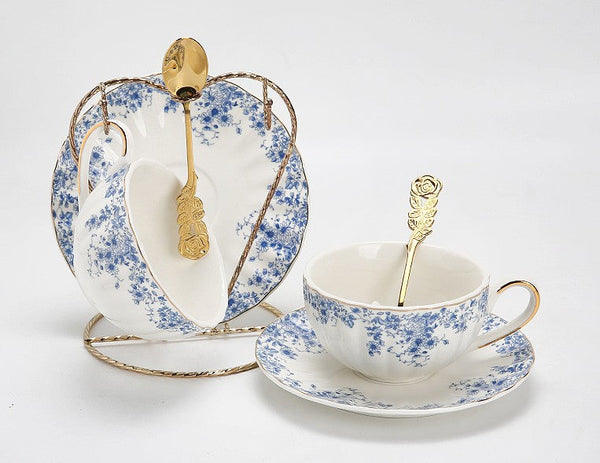Blue Porcelain Tea Cup Saucer Set, British Royal Ceramic Cups for Traditional Afternoon Tea, Unique Blue Tea Cup and Saucer in Gift Box, Elegant Ceramic Coffee Cups-ArtWorkCrafts.com