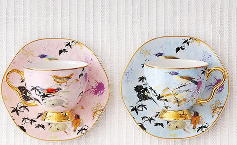 Unique Bird Flower Tea Cups and Saucers in Gift Box as Birthday Gift, Elegant Ceramic Coffee Cups, Afternoon British Tea Cups, Royal Bone China Porcelain Tea Cup Set-ArtWorkCrafts.com