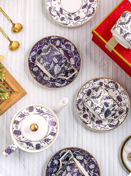 British Afternoon Tea Cup Set, Ceramic Coffee Cup with Saucer in Gift Box, Porcelain Tea Cup and Saucer Set with Teapot-ArtWorkCrafts.com