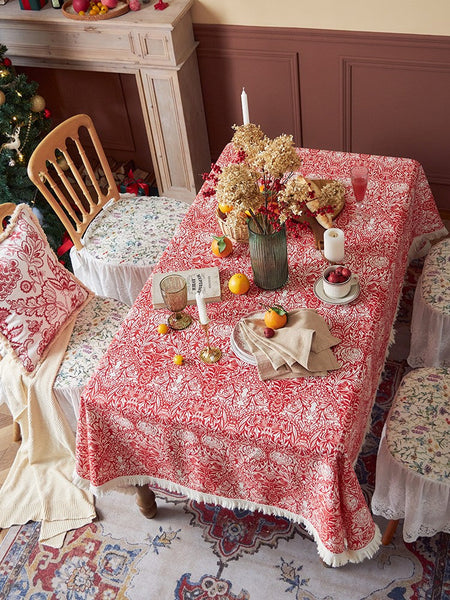 Large Fiberflax Rectangle Tablecloth for Home Decoration, Red Flower Pattern Tablecloth for Holiday Decoration, Square Tablecloth for Round Table-ArtWorkCrafts.com