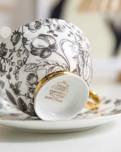 Elegant Flower Ceramic Cups, Unique Royal Coffee Cup and Saucer, Creative Bone China Porcelain Tea Cup Set, Beautiful British Tea Cups-ArtWorkCrafts.com