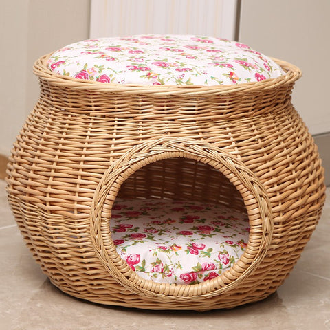 Rattan Cat Bed, Wicker Cat House Basket with Washable Cushion for Indoor Cats and Dogs-ArtWorkCrafts.com